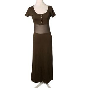 Rinascimento Women’s XS Brown Sheer Middle Panel Soft Nylon Bodycon Maxi Dress